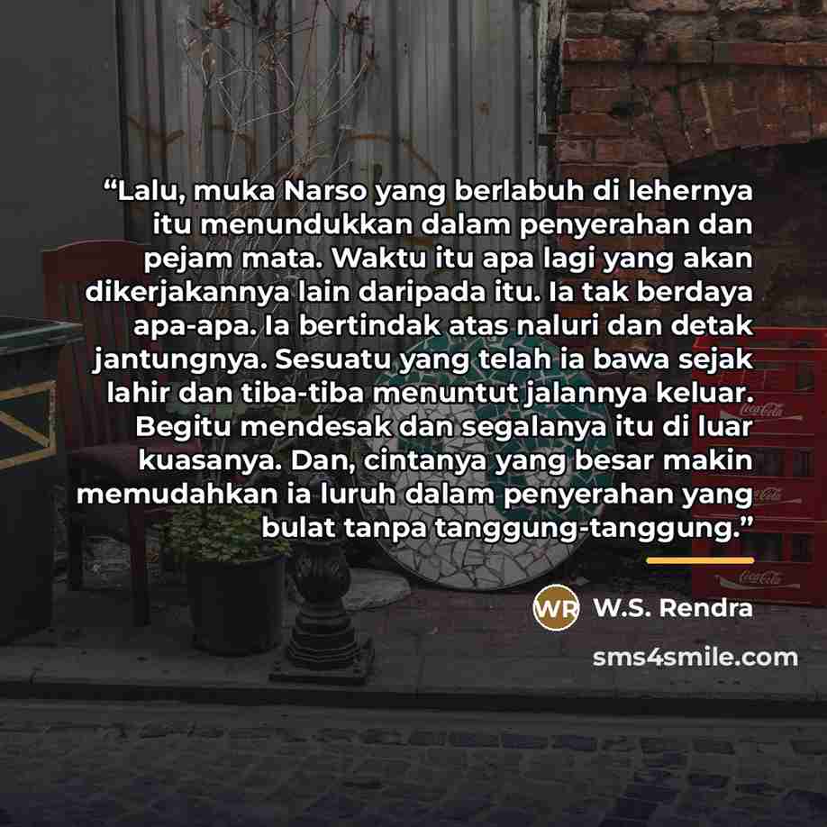 “Lalu, muka Narso yang berlabuh di lehernya itu menundukkan dalam penyerahan dan pejam mata. Waktu itu apa lagi yang akan dikerjakannya lain daripada itu. Ia tak berdaya apa-apa. Ia bertindak atas naluri dan detak jantungnya. Sesuatu yang telah ia bawa sejak lahir dan tiba-tiba menuntut jalannya…” quote by W.S. Rendra