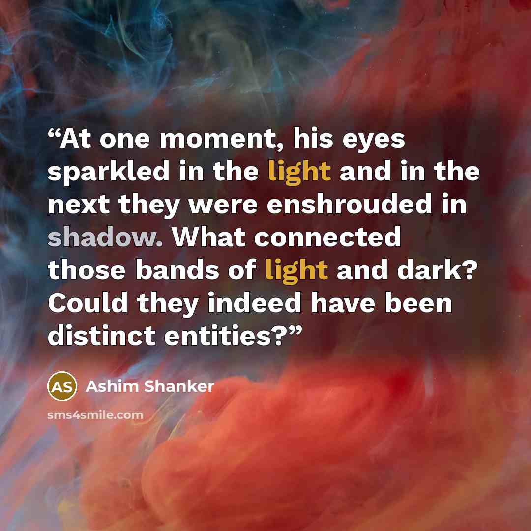“At one moment, his eyes sparkled in the light and in the next they were enshrouded in shadow. What connected those bands of light and dark? Could they indeed have been distinct entities?” quote by Ashim Shanker