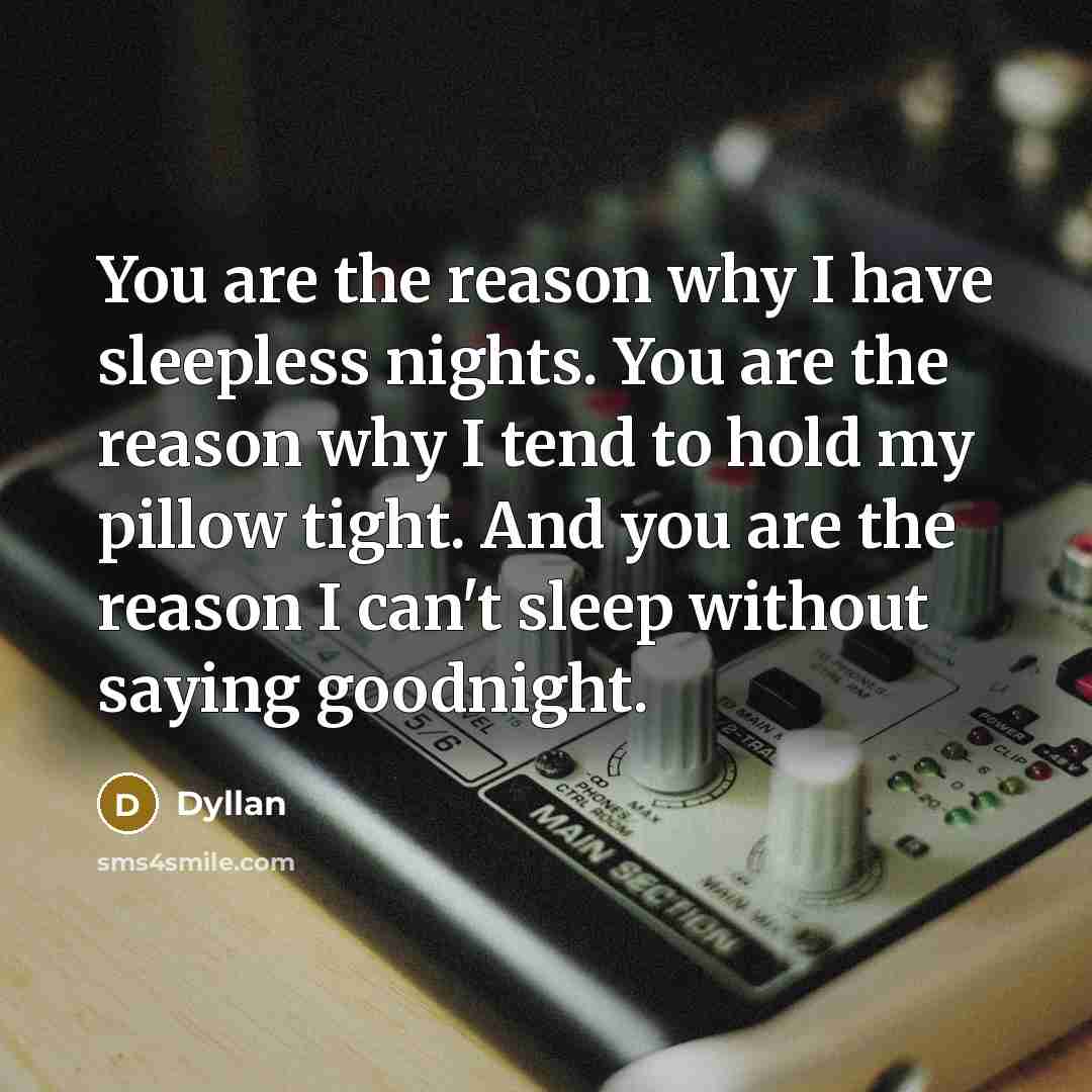 “You are the reason why I have sleepless nights. You are the reason why I tend to hold my pillow tight. And you are the reason I can't sleep without saying goodnight.” quote by Dyllan