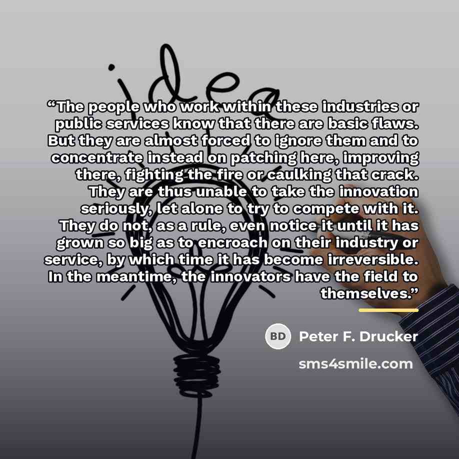 “The people who work within these industries or public services know that there are basic flaws. But they are almost forced to ignore them and to concentrate instead on patching here, improving there, fighting the fire or caulking that crack. They are thus unable to take the innovation seriously…” quote by Peter F. Drucker