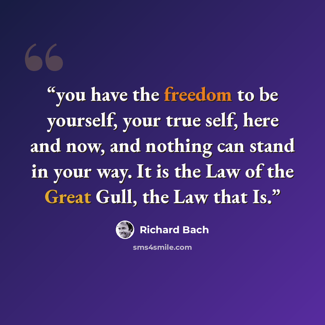 “you have the freedom to be yourself, your true self, here and now, and nothing can stand in your way. It is the Law of the Great Gull, the Law that Is.” quote by Richard Bach