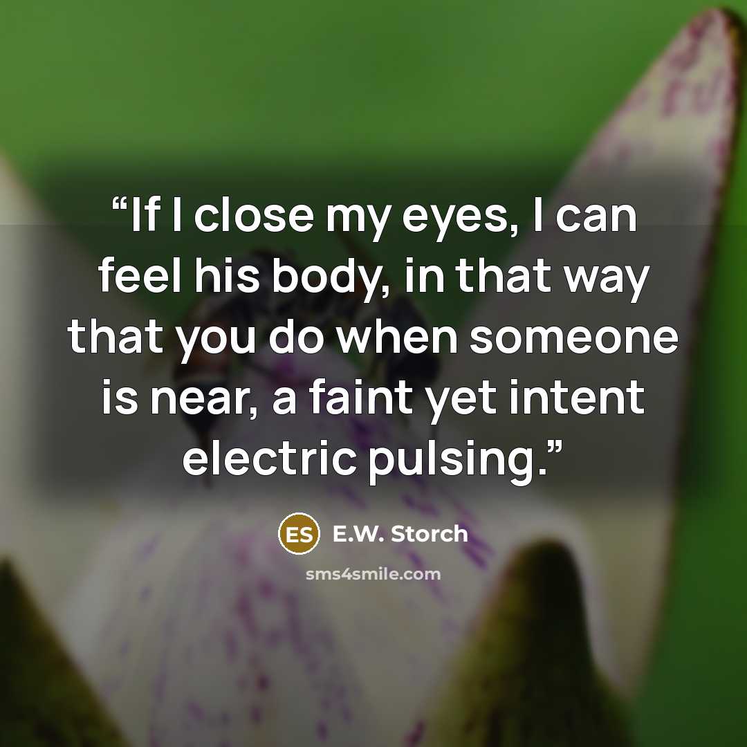 “If I close my eyes, I can feel his body, in that way that you do when someone is near, a faint yet intent electric pulsing.” quote by E.W. Storch