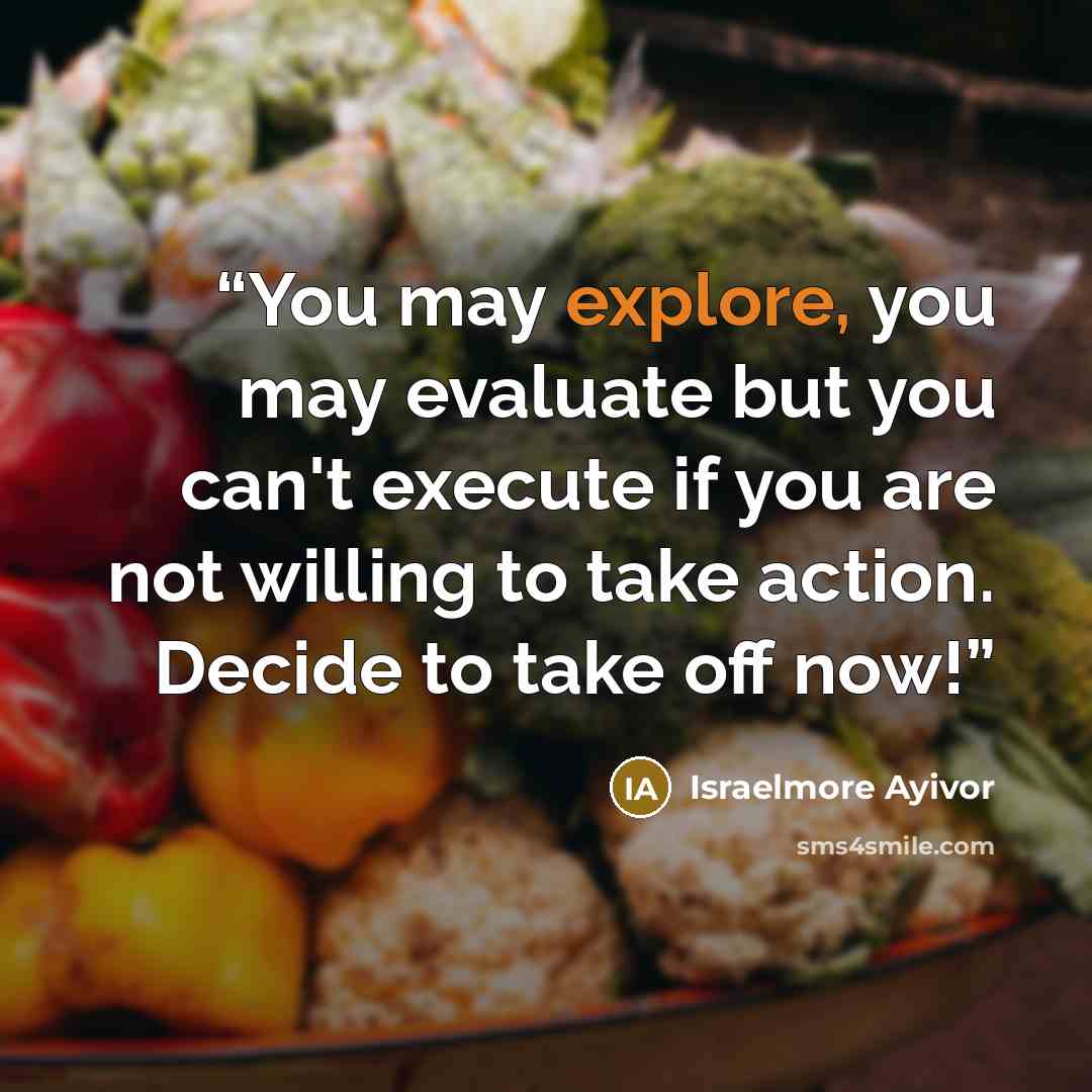 “You may explore, you may evaluate but you can't execute if you are not willing to take action. Decide to take off now!” quote by Israelmore Ayivor