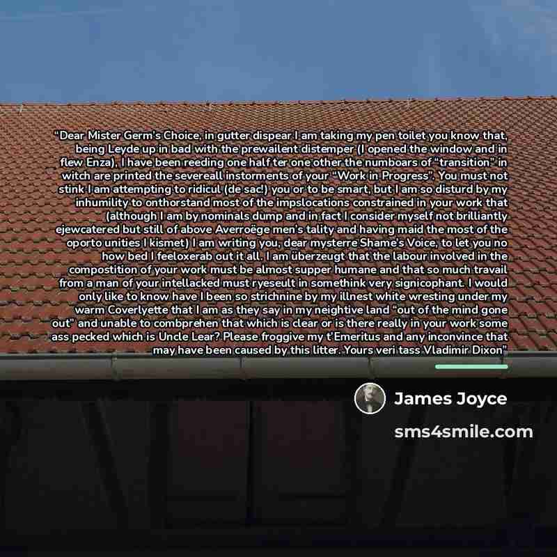 “Dear Mister Germ’s Choice, in gutter dispear I am taking my pen toilet you know that, being Leyde up in bad with the prewailent distemper (I opened the window and in flew Enza), I have been reeding one half ter one other the numboars of “transition” in witch are printed the severeall instorments…” quote by James Joyce