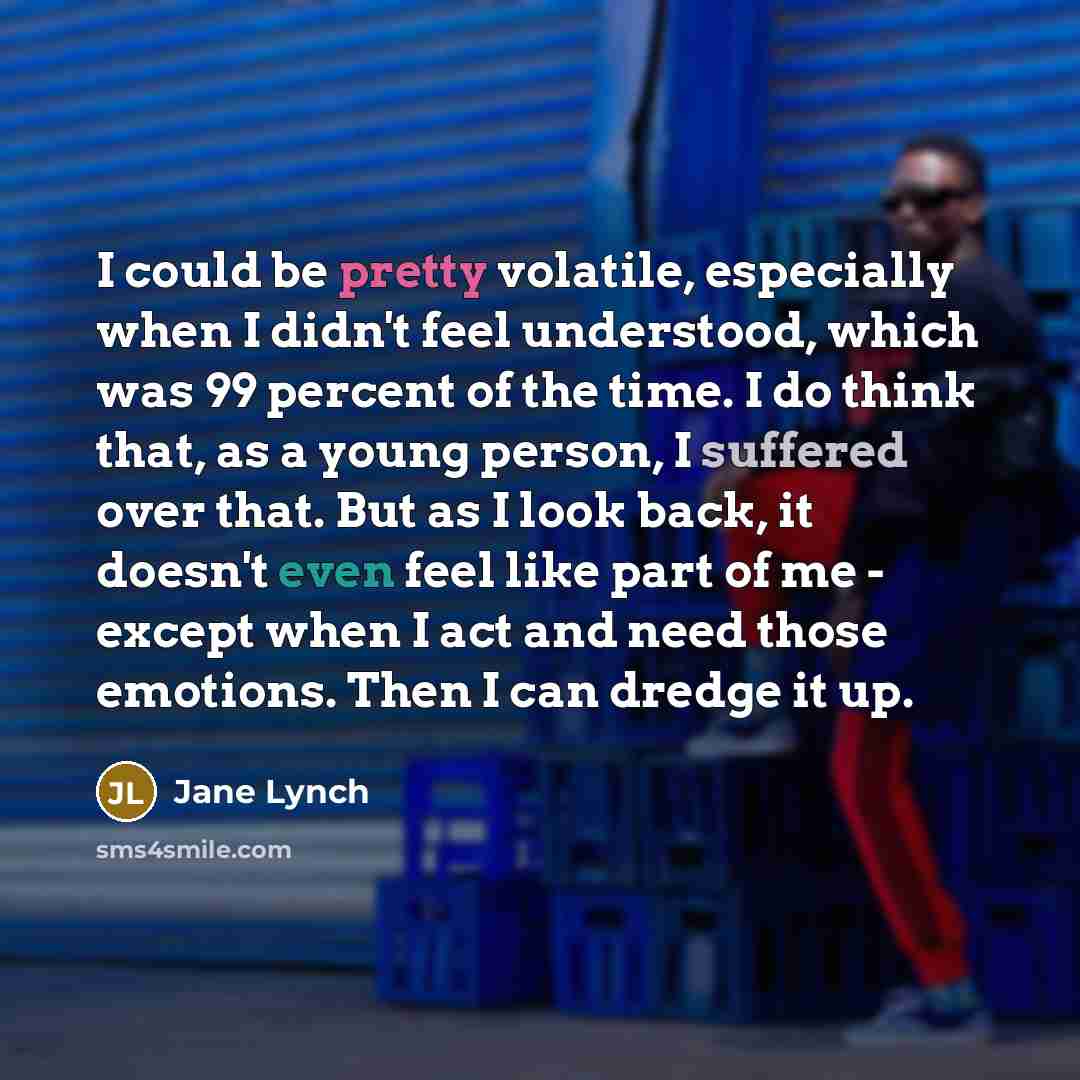 “I could be pretty volatile, especially when I didn't feel understood, which was 99 percent of the time. I do think that, as a young person, I suffered over that. But as I look back, it doesn't even feel like part of me - except when I act and need those emotions. Then I can dredge it up.” quote by Jane Lynch