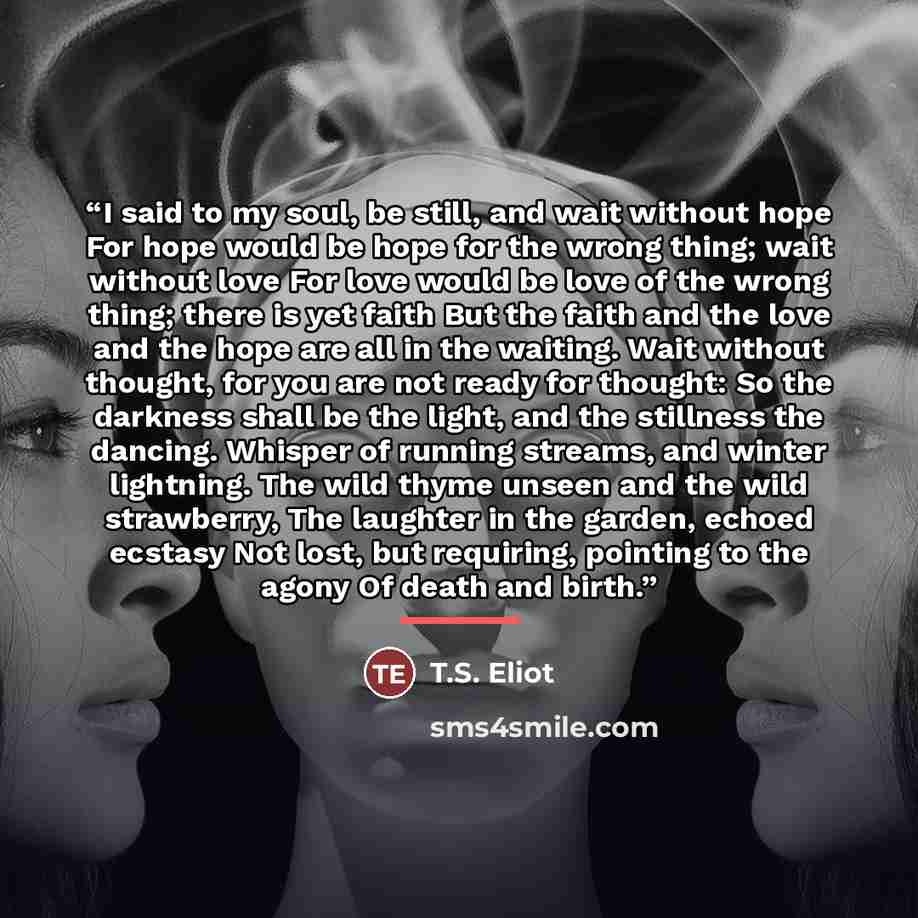 “I said to my soul, be still, and wait without hope For hope would be hope for the wrong thing; wait without love For love would be love of the wrong thing; there is yet faith But the faith and the love and the hope are all in the waiting. Wait without thought, for you are not ready for thought: So…” quote by T.S. Eliot