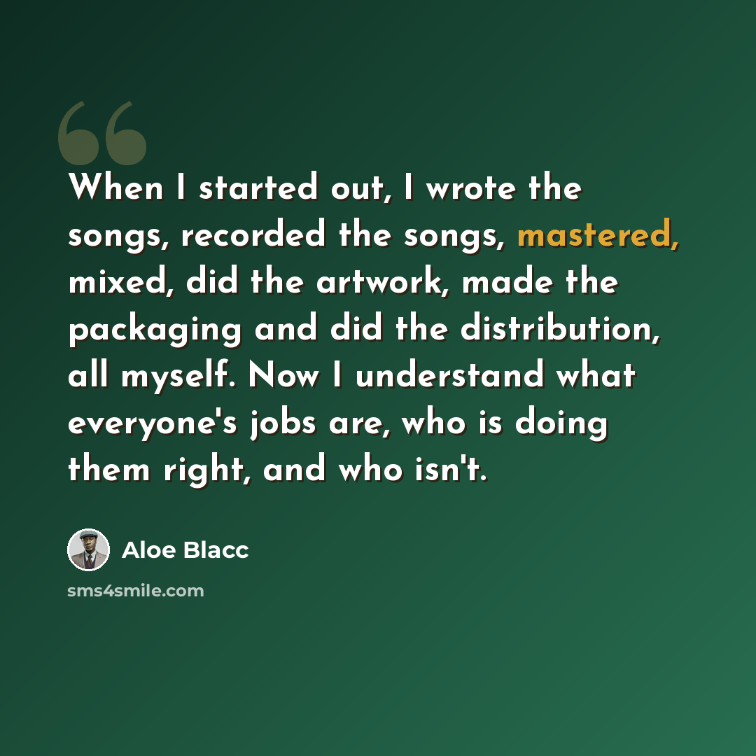 “When I started out, I wrote the songs, recorded the songs, mastered, mixed, did the artwork, made the packaging and did the distribution, all myself. Now I understand what everyone's jobs are, who is doing them right, and who isn't.” quote by Aloe Blacc