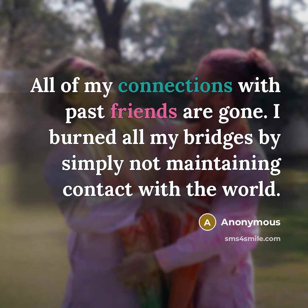 “All of my connections with past friends are gone. I burned all my bridges by simply not maintaining contact with the world.” quote by Anonymous