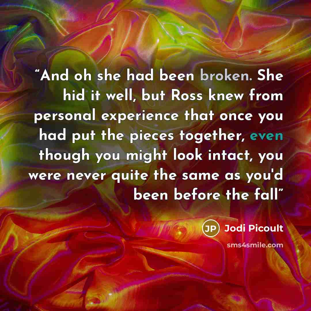 “And oh she had been broken. She hid it well, but Ross knew from personal experience that once you had put the pieces together, even though you might look intact, you were never quite the same as you'd been before the fall” quote by Jodi Picoult