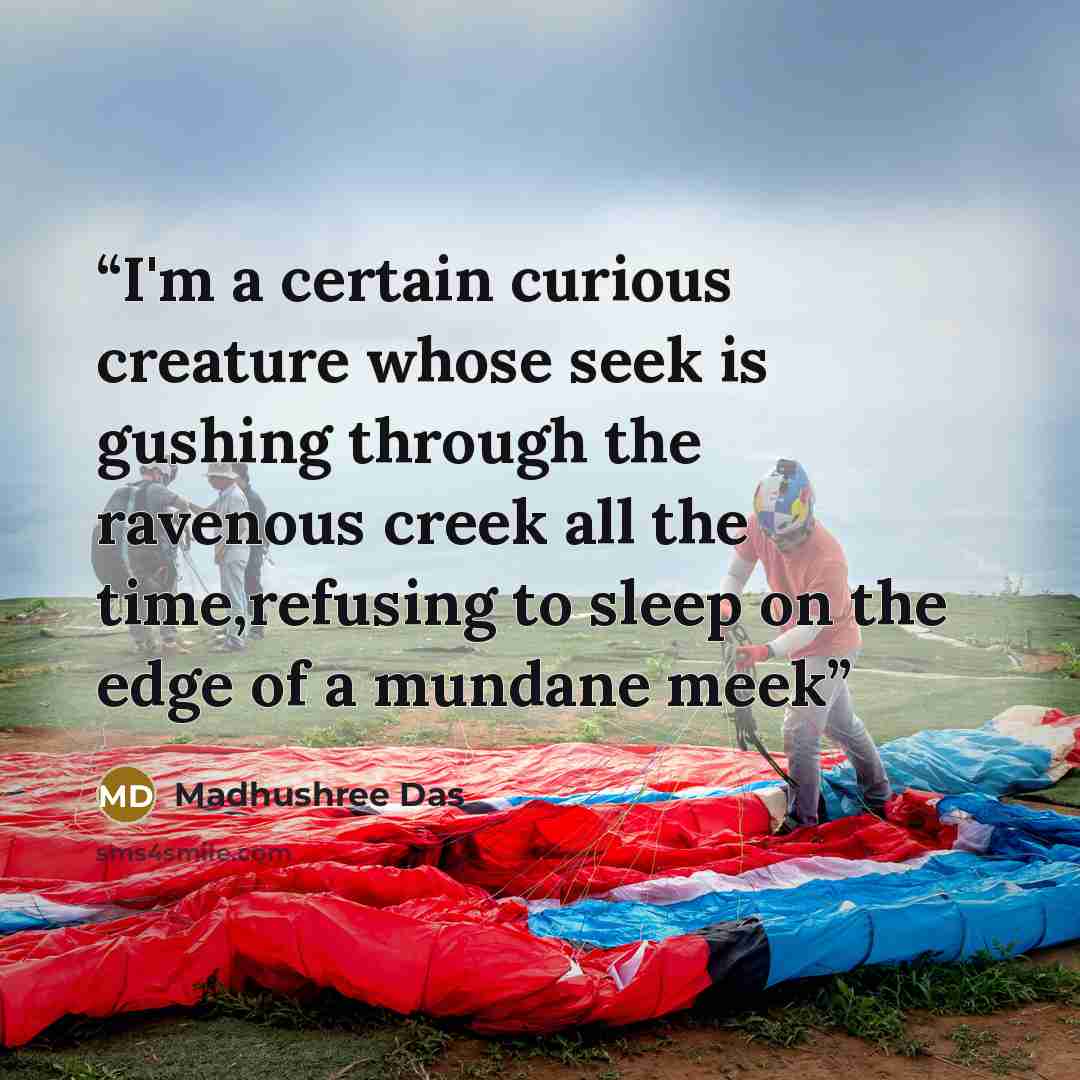 “I'm a certain curious creature whose seek is gushing through the ravenous creek all the time,refusing to sleep on the edge of a mundane meek” quote by Madhushree Das