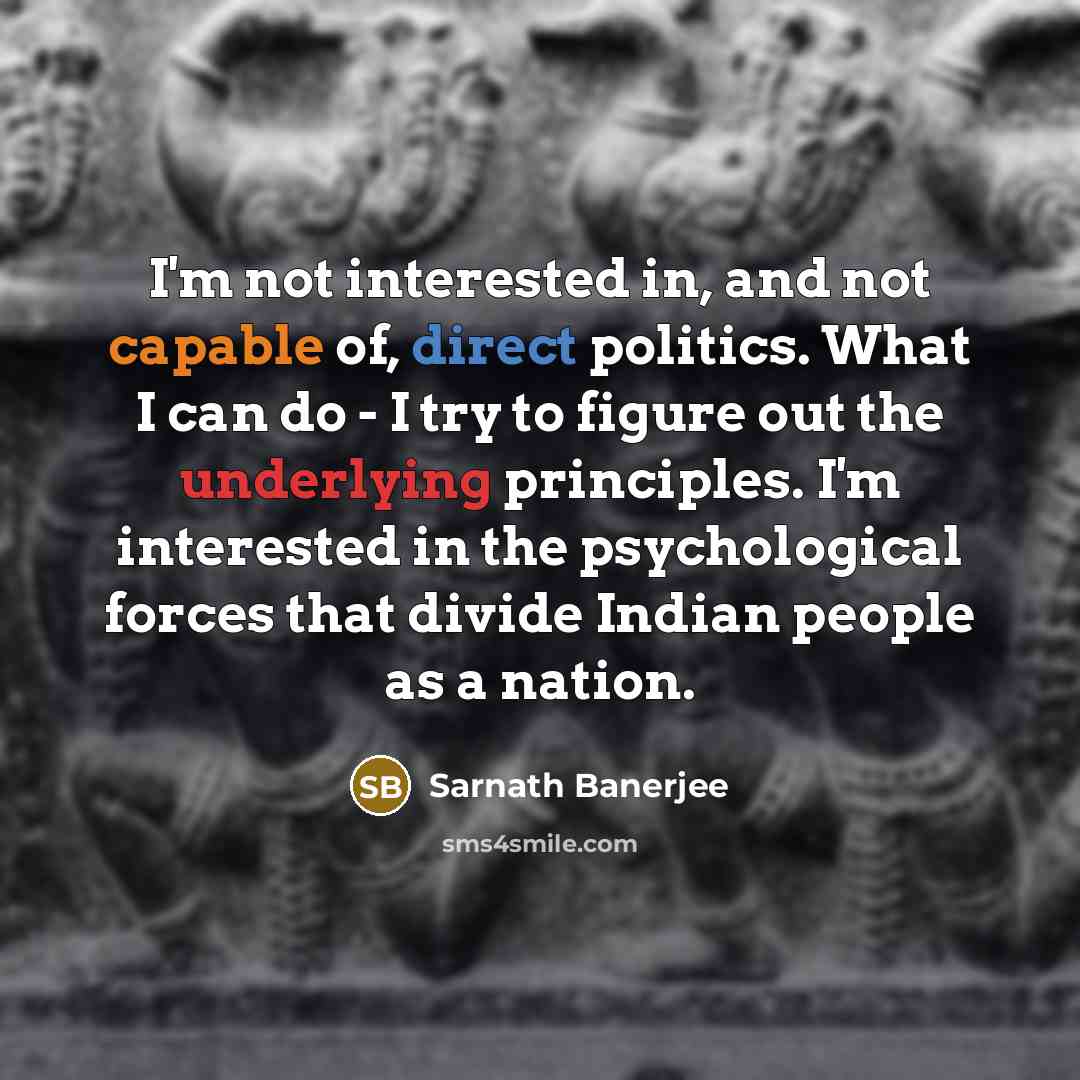 “I'm not interested in, and not capable of, direct politics. What I can do - I try to figure out the underlying principles. I'm interested in the psychological forces that divide Indian people as a nation.” quote by Sarnath Banerjee