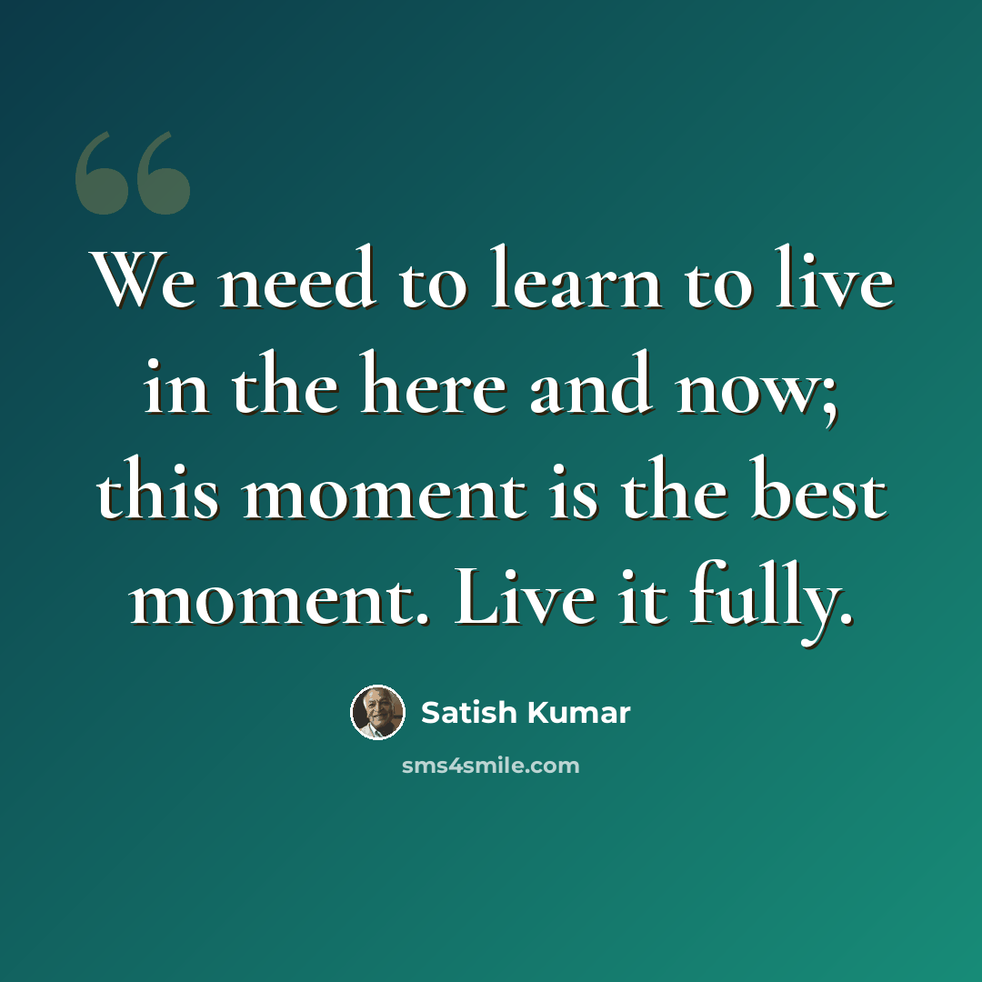 “We need to learn to live in the here and now; this moment is the best moment. Live it fully.” quote by Satish Kumar