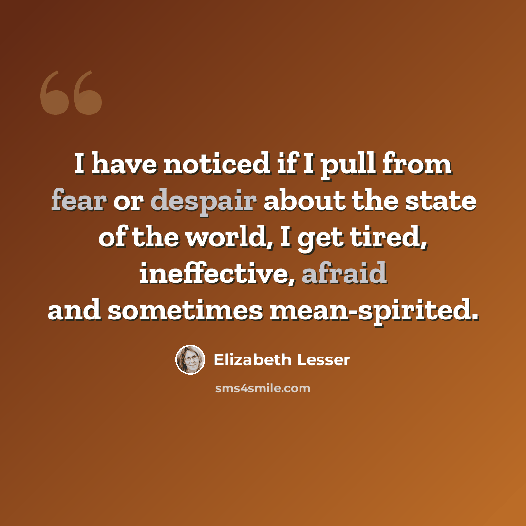 “I have noticed if I pull from fear or despair about the state of the world, I get tired, ineffective, afraid and sometimes mean-spirited.” quote by Elizabeth Lesser