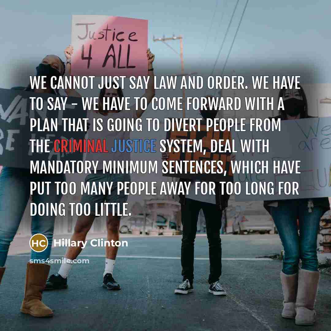 “We cannot just say law and order. We have to say - we have to come forward with a plan that is going to divert people from the criminal justice system, deal with mandatory minimum sentences, which have put too many people away for too long for doing too little.” quote by Hillary Clinton