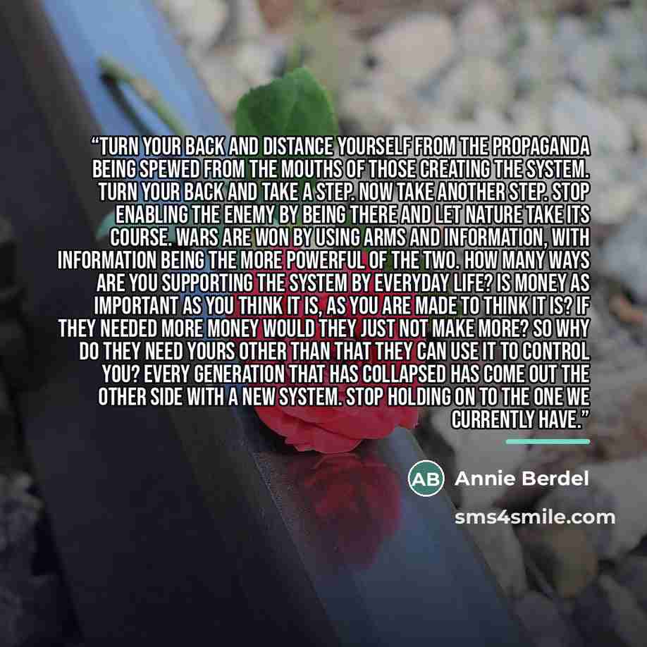 “Turn your back and distance yourself from the propaganda being spewed from the mouths of those creating the system. Turn your back and take a step. Now take another step. Stop enabling the enemy by being there and let nature take its course. Wars are won by using arms and information, with…” quote by Annie Berdel