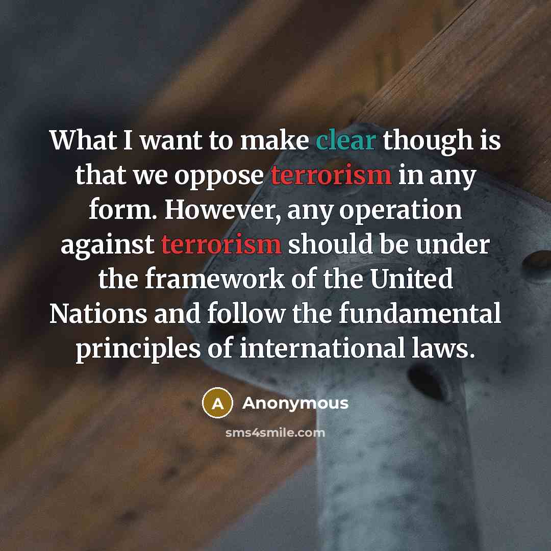 “What I want to make clear though is that we oppose terrorism in any form. However, any operation against terrorism should be under the framework of the United Nations and follow the fundamental principles of international laws.” quote by Anonymous