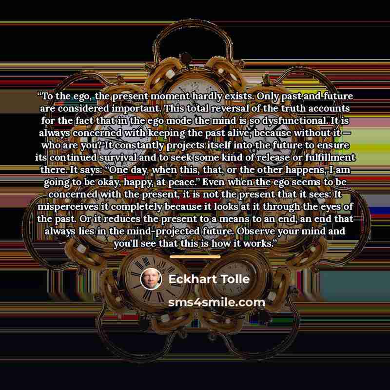 “To the ego, the present moment hardly exists. Only past and future are considered important. This total reversal of the truth accounts for the fact that in the ego mode the mind is so dysfunctional. It is always concerned with keeping the past alive, because without it — who are you? It constantly…” quote by Eckhart Tolle
