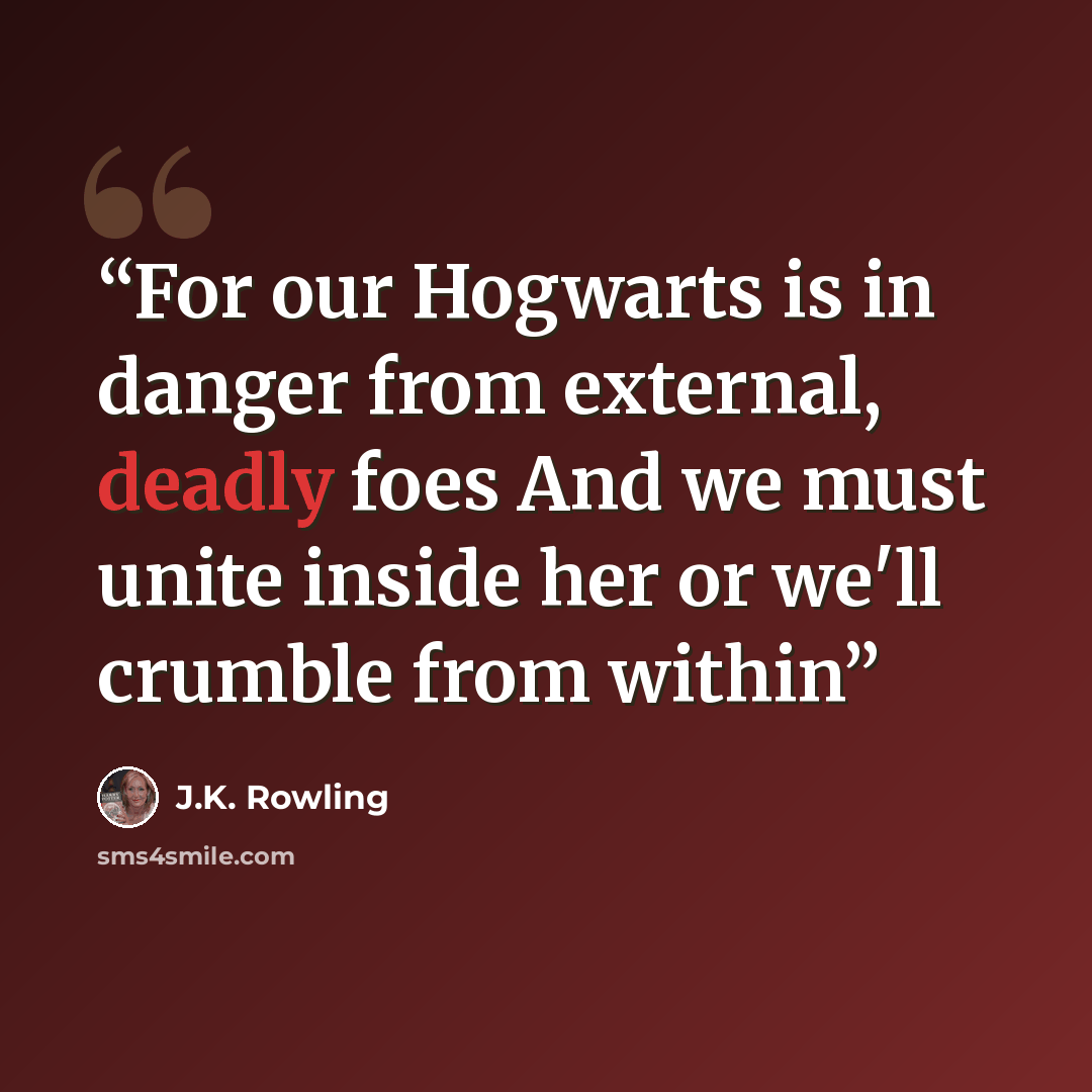 “For our Hogwarts is in danger from external, deadly foes And we must unite inside her or we'll crumble from within” quote by J.K. Rowling