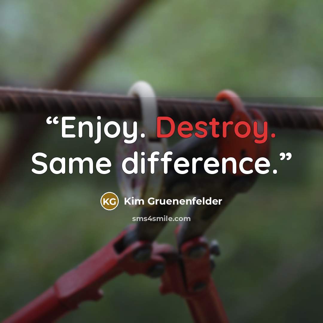 “Enjoy. Destroy. Same difference.” quote by Kim Gruenenfelder