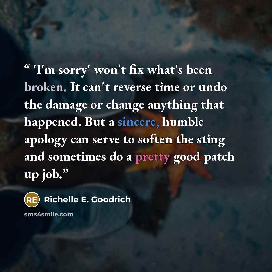 “'I'm sorry' won't fix what's been broken. It can't reverse time or undo the damage or change anything that happened. But a sincere, humble apology can serve to soften the sting and sometimes do a pretty good patch up job.” quote by Richelle E. Goodrich
