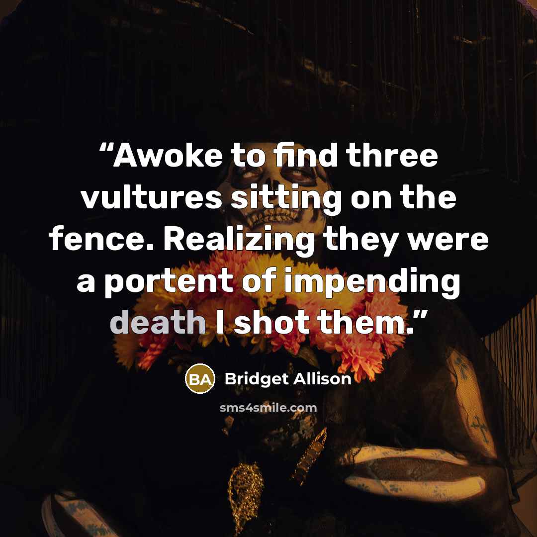 “Awoke to find three vultures sitting on the fence. Realizing they were a portent of impending death I shot them.” quote by Bridget Allison