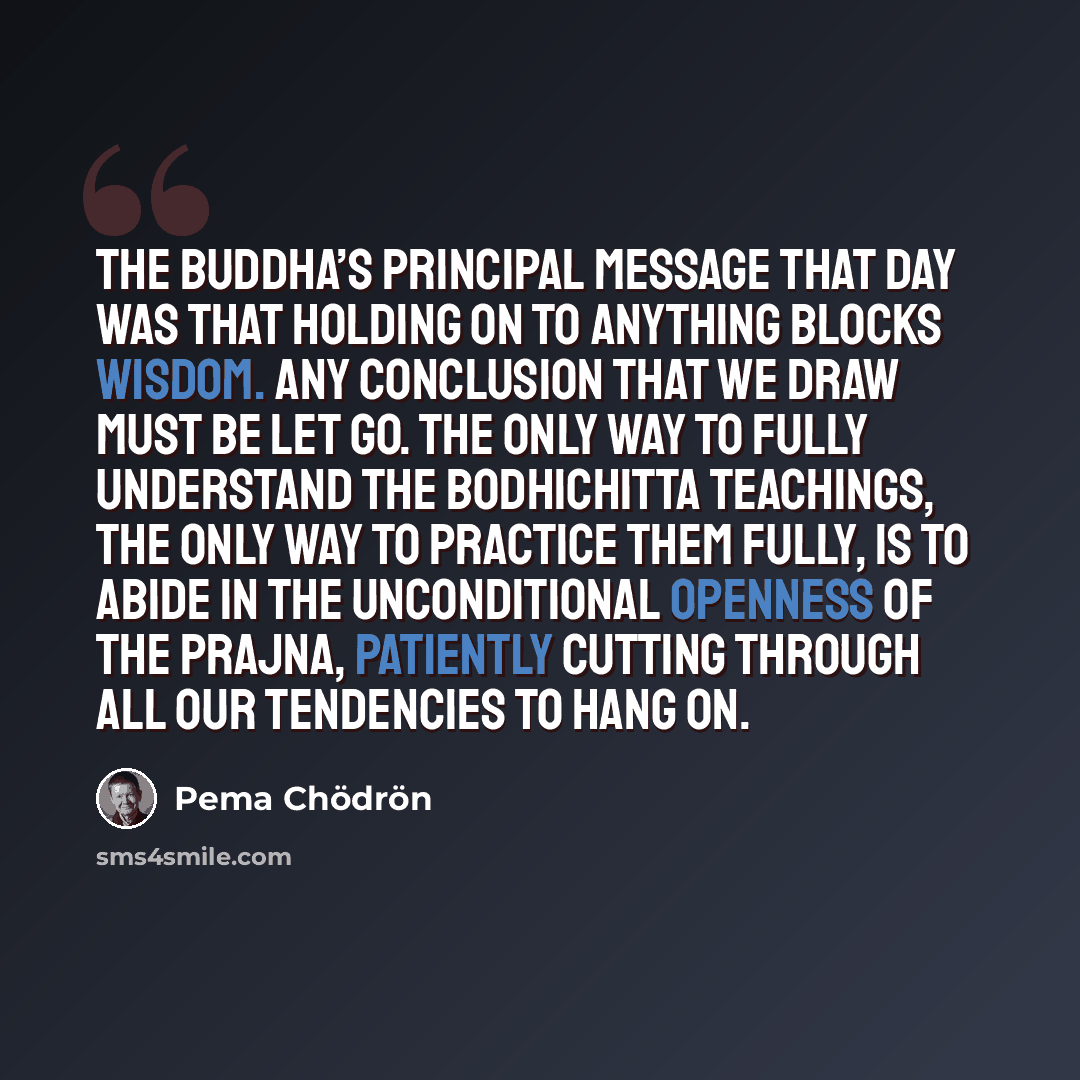 “The Buddha’s principal message that day was that holding on to anything blocks wisdom. Any conclusion that we draw must be let go. The only way to fully understand the bodhichitta teachings, the only way to practice them fully, is to abide in the unconditional openness of the prajna, patiently…” quote by Pema Chodron