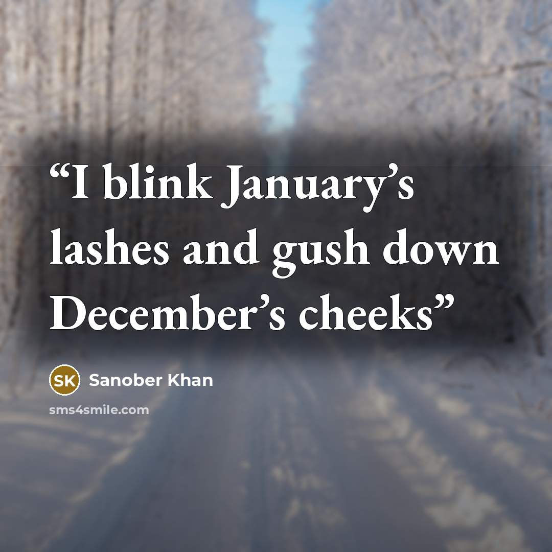 “I blink January’s lashes and gush down December’s cheeks” quote by Sanober Khan