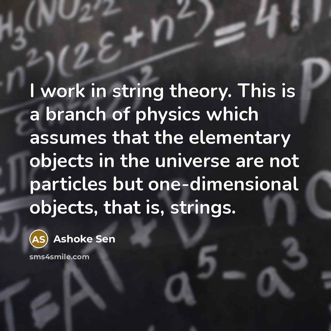 “I work in string theory. This is a branch of physics which assumes that the elementary objects in the universe are not particles but one-dimensional objects, that is, strings.” quote by Ashoke Sen
