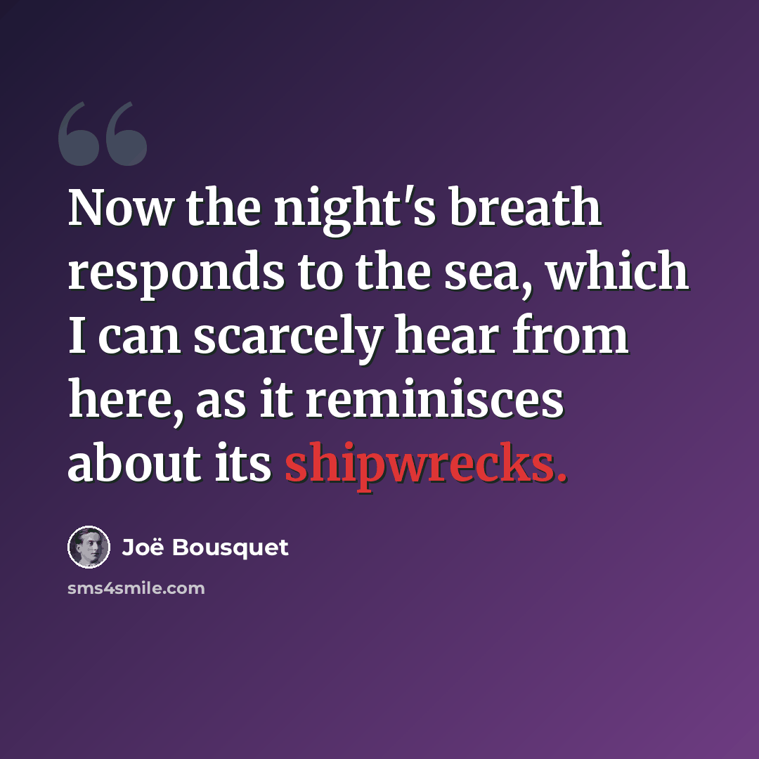 “Now the night's breath responds to the sea, which I can scarcely hear from here, as it reminisces about its shipwrecks.” quote by Joë Bousquet