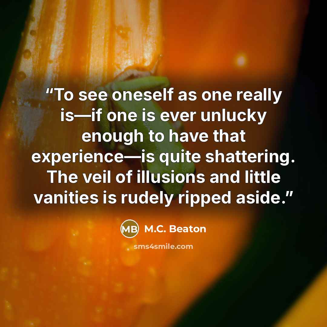 “To see oneself as one really is—if one is ever unlucky enough to have that experience—is quite shattering. The veil of illusions and little vanities is rudely ripped aside.” quote by M.C. Beaton