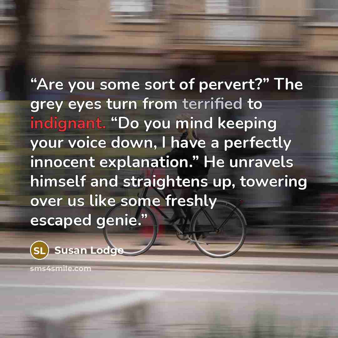 “Are you some sort of pervert?” The grey eyes turn from terrified to indignant. “Do you mind keeping your voice down, I have a perfectly innocent explanation.” He unravels himself and straightens up, towering over us like some freshly escaped genie.” quote by Susan Lodge