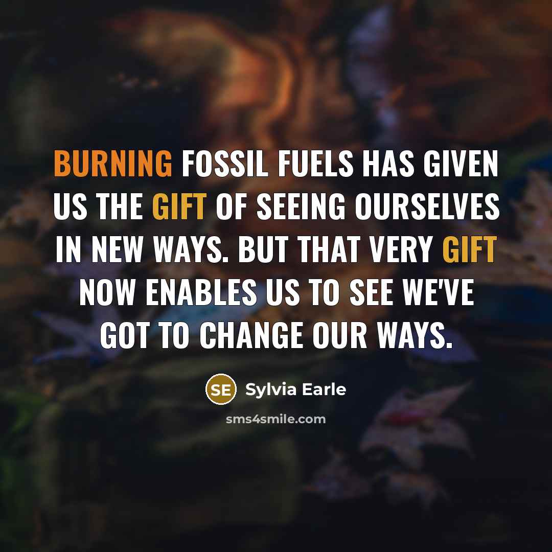 “Burning fossil fuels has given us the gift of seeing ourselves in new ways. But that very gift now enables us to see we've got to change our ways.” quote by Sylvia Earle