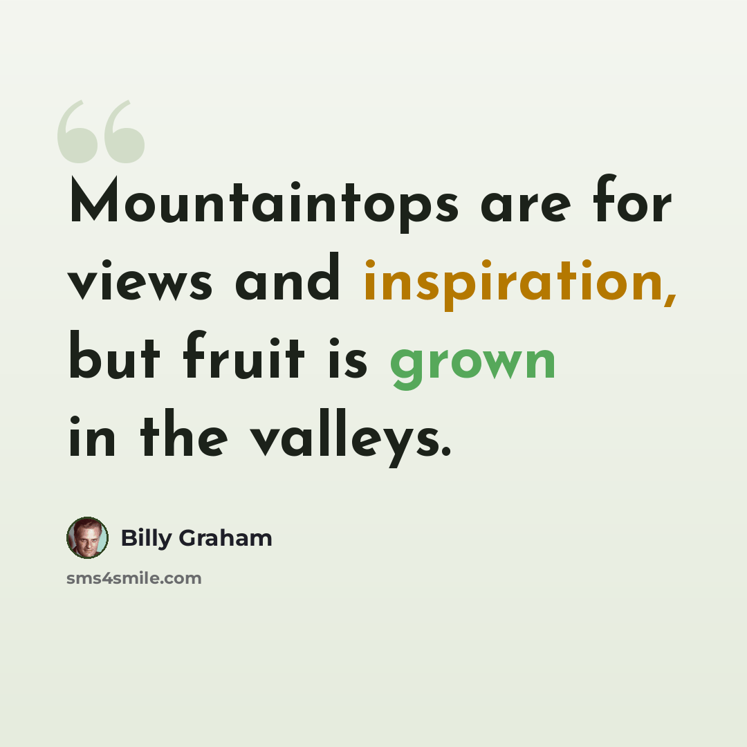 “Mountaintops are for views and inspiration, but fruit is grown in the valleys.” quote by Billy Graham