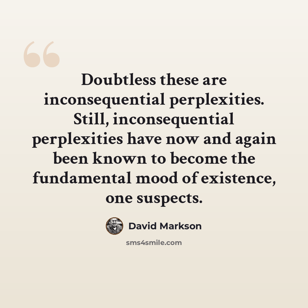 “Doubtless these are inconsequential perplexities. Still, inconsequential perplexities have now and again been known to become the fundamental mood of existence, one suspects.” quote by David Markson
