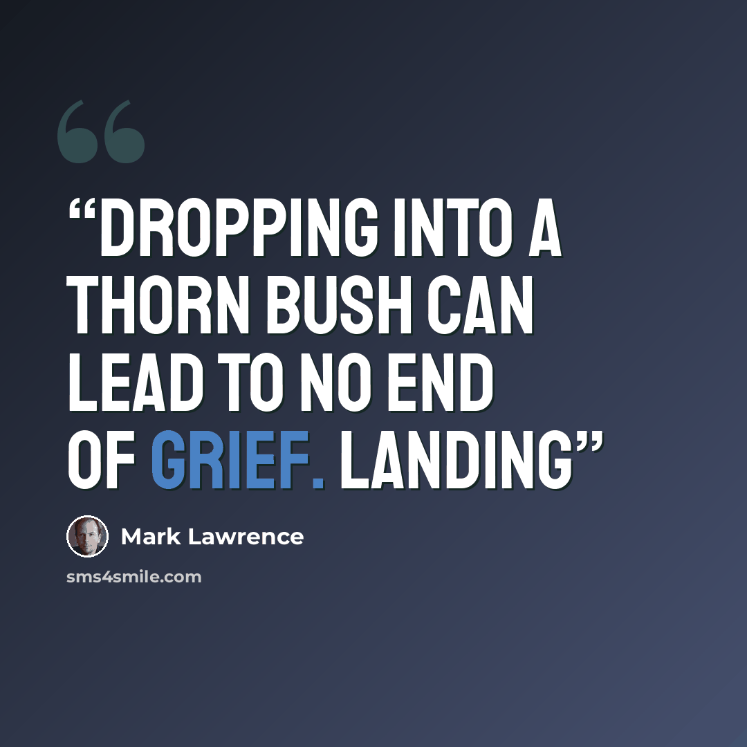 “Dropping into a thorn bush can lead to no end of grief. Landing” quote by Mark Lawrence