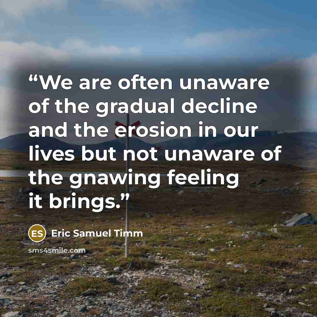 “We are often unaware of the gradual decline and the erosion in our lives but not unaware of the gnawing feeling it brings.” quote by Eric Samuel Timm