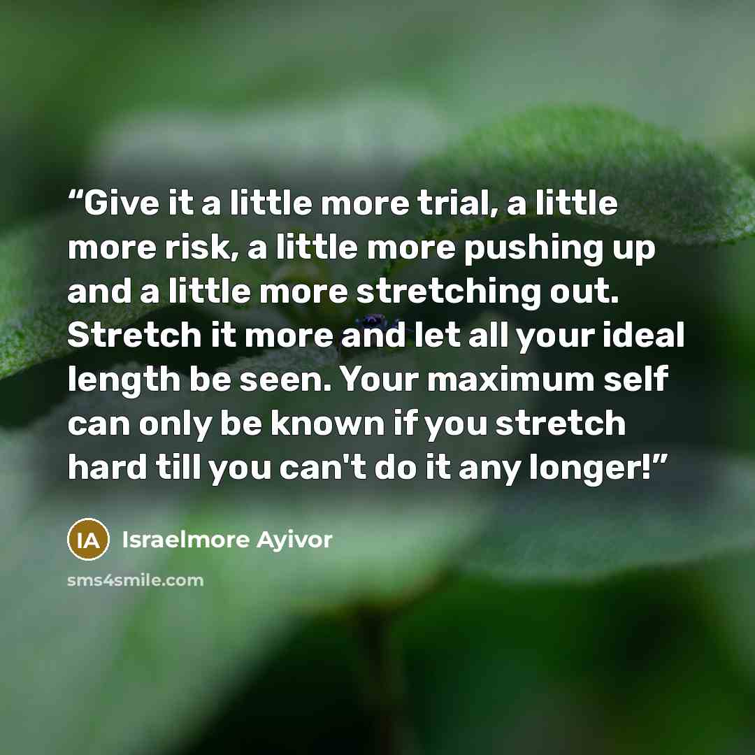 “Give it a little more trial, a little more risk, a little more pushing up and a little more stretching out. Stretch it more and let all your ideal length be seen. Your maximum self can only be known if you stretch hard till you can't do it any longer!” quote by Israelmore Ayivor
