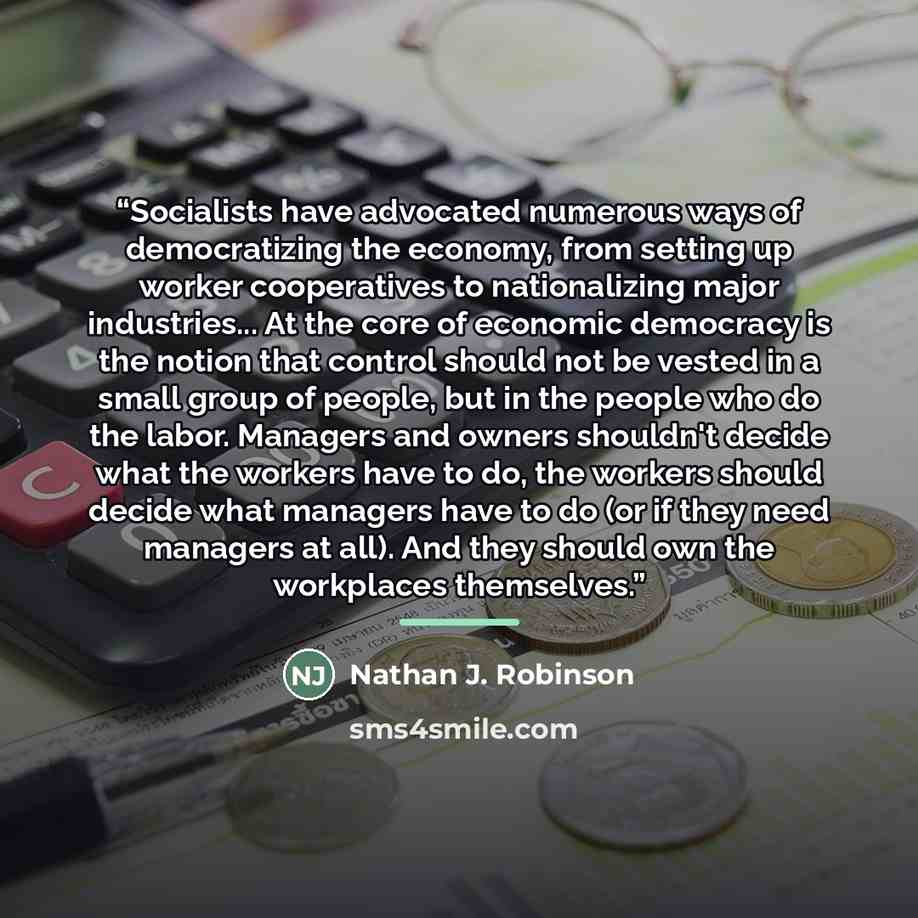 “Socialists have advocated numerous ways of democratizing the economy, from setting up worker cooperatives to nationalizing major industries... At the core of economic democracy is the notion that control should not be vested in a small group of people, but in the people who do the labor. Managers…” quote by Nathan J. Robinson