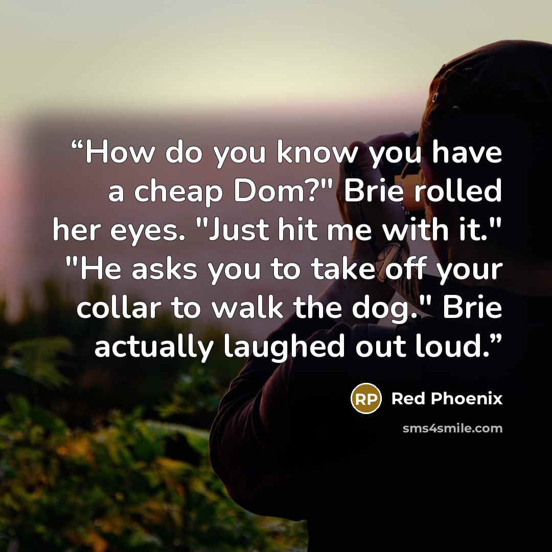 “How do you know you have a cheap Dom?" Brie rolled her eyes. "Just hit me with it." "He asks you to take off your collar to walk the dog." Brie actually laughed out loud.” quote by Red Phoenix