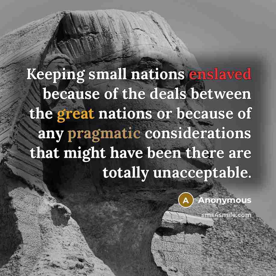 “Keeping small nations enslaved because of the deals between the great nations or because of any pragmatic considerations that might have been there are totally unacceptable.” quote by Anonymous
