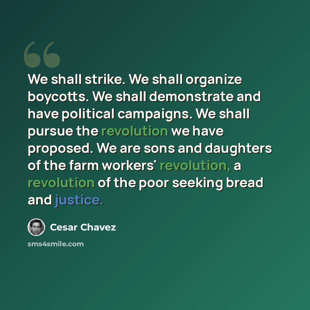 “We shall strike. We shall organize boycotts. We shall demonstrate and have political campaigns. We shall pursue the revolution we have proposed. We are sons and daughters of the farm workers' revolution, a revolution of the poor seeking bread and justice.” quote by Cesar Chavez