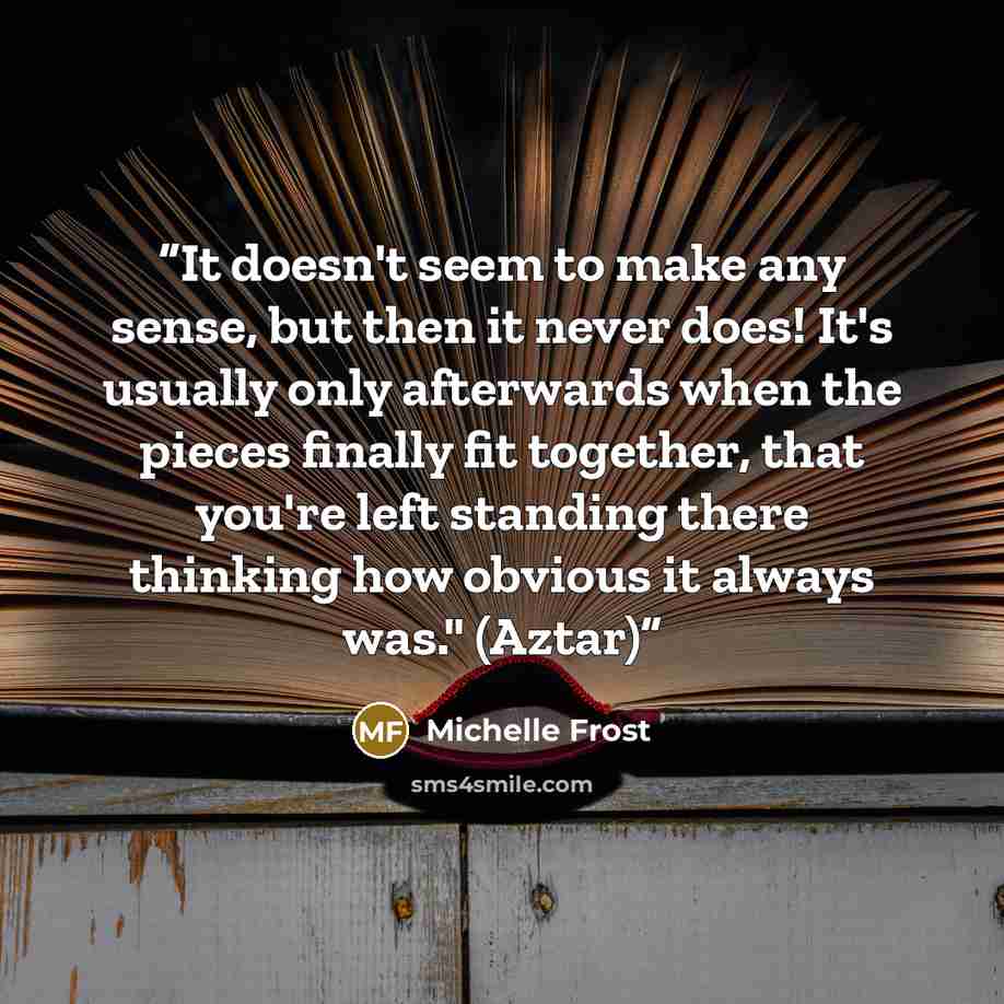 “It doesn't seem to make any sense, but then it never does! It's usually only afterwards when the pieces finally fit together, that you're left standing there thinking how obvious it always was." (Aztar)” quote by Michelle Frost