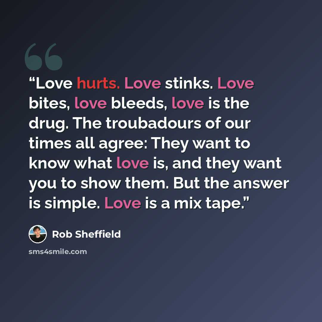 “Love hurts. Love stinks. Love bites, love bleeds, love is the drug. The troubadours of our times all agree: They want to know what love is, and they want you to show them. But the answer is simple. Love is a mix tape.” quote by Rob Sheffield