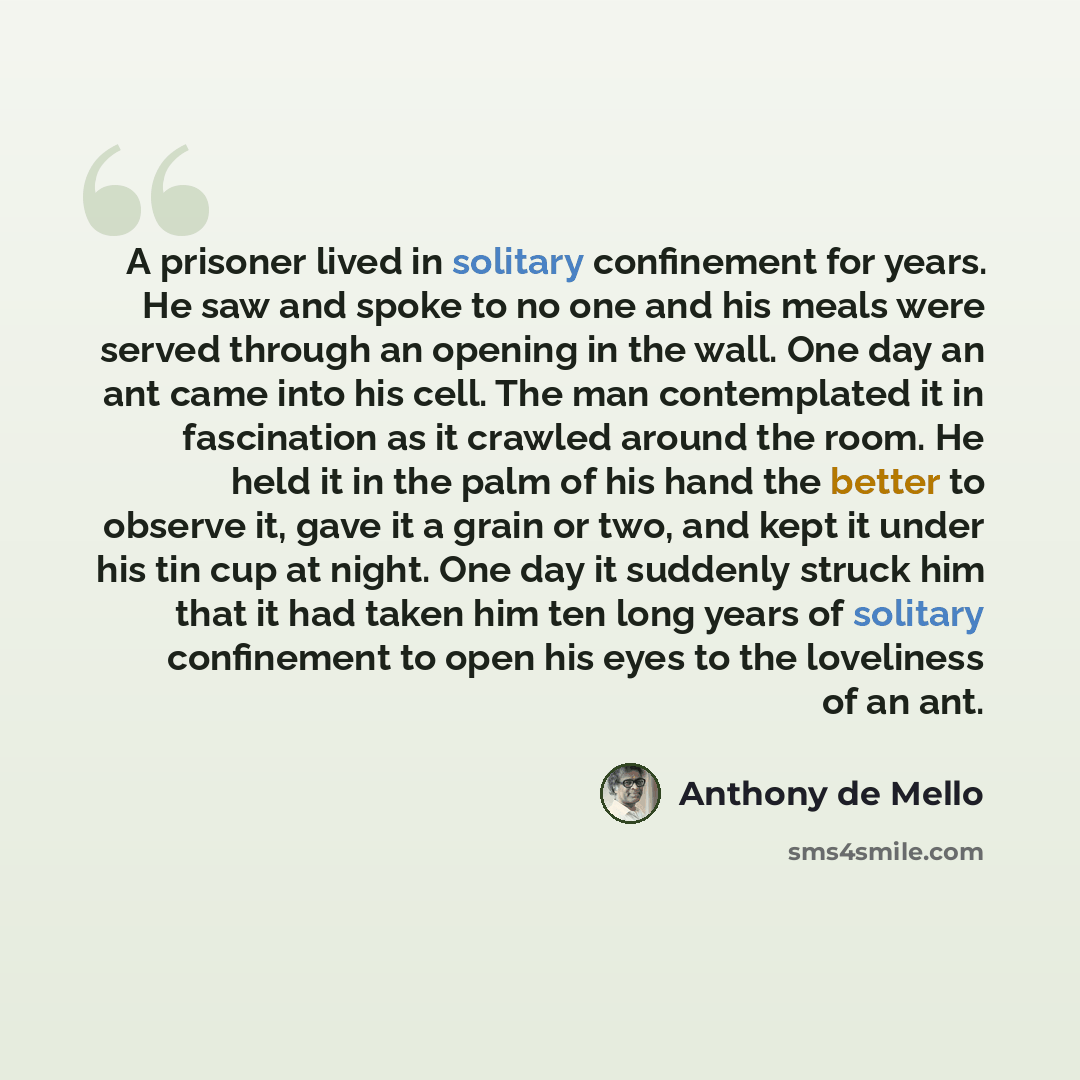 “A prisoner lived in solitary confinement for years. He saw and spoke to no one and his meals were served through an opening in the wall. One day an ant came into his cell. The man contemplated it in fascination as it crawled around the room. He held it in the palm of his hand the better to observe…” quote by Anthony de Mello