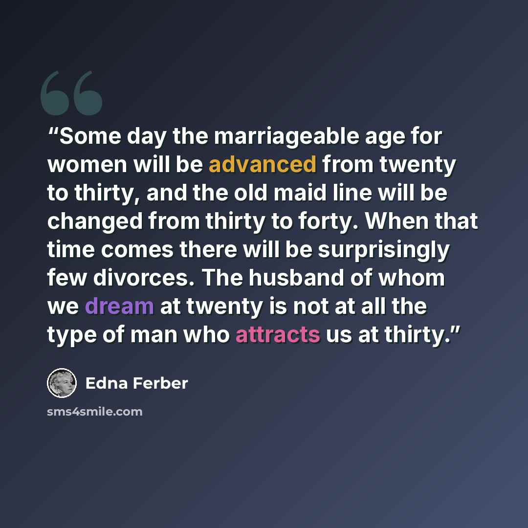 “Some day the marriageable age for women will be advanced from twenty to thirty, and the old maid line will be changed from thirty to forty. When that time comes there will be surprisingly few divorces. The husband of whom we dream at twenty is not at all the type of man who attracts us at thirty.” quote by Edna Ferber