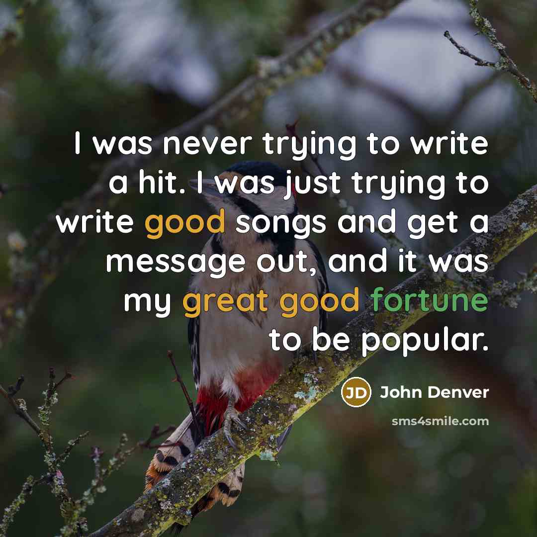 “I was never trying to write a hit. I was just trying to write good songs and get a message out, and it was my great good fortune to be popular.” quote by John Denver