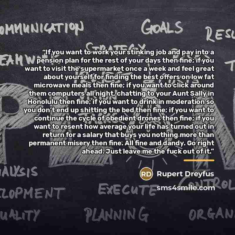“If you want to work your stinking job and pay into a pension plan for the rest of your days then fine; if you want to visit the supermarket once a week and feel great about yourself for finding the best offers on low fat microwave meals then fine; if you want to click around them computers all…” quote by Rupert Dreyfus