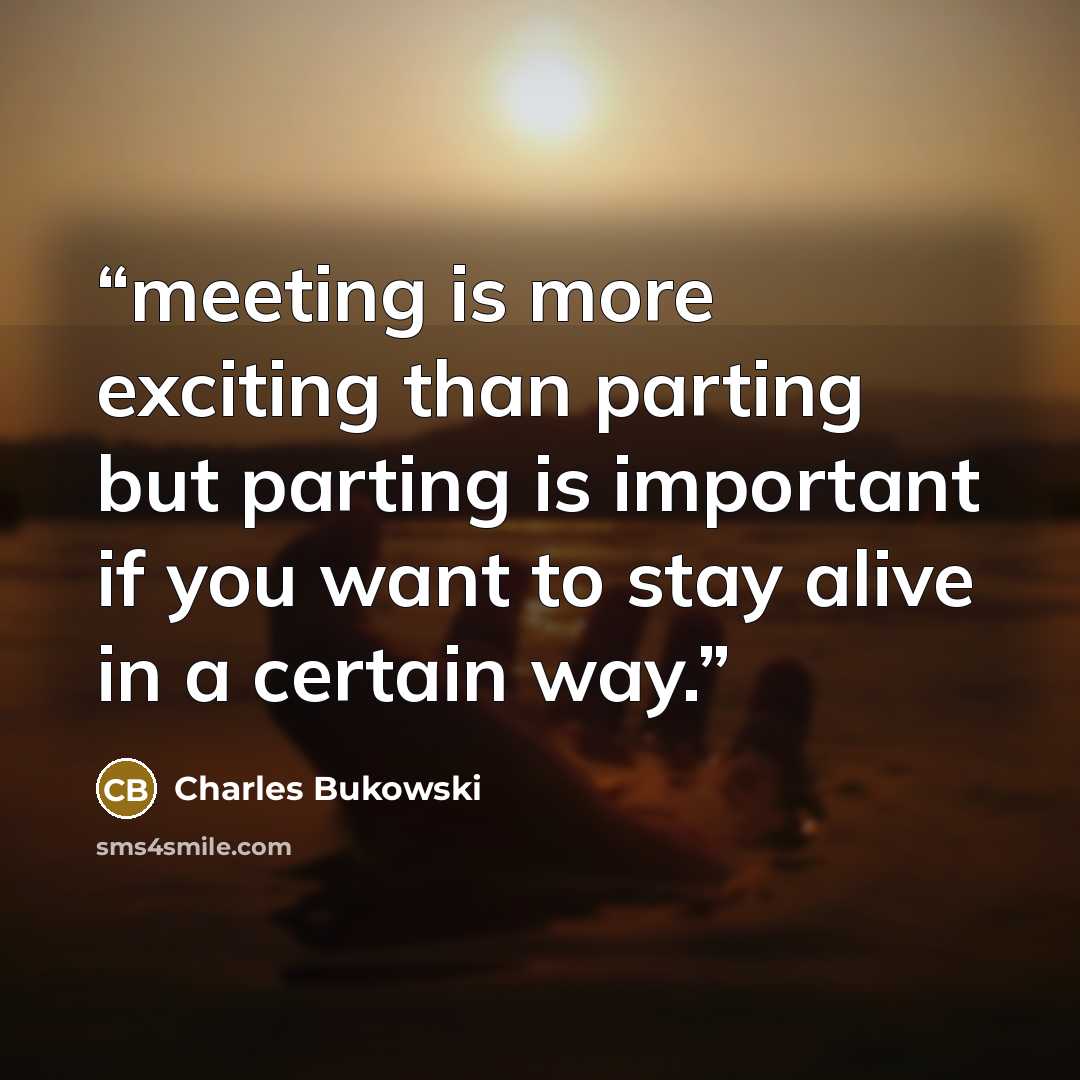 “meeting is more exciting than parting but parting is important if you want to stay alive in a certain way.” quote by Charles Bukowski