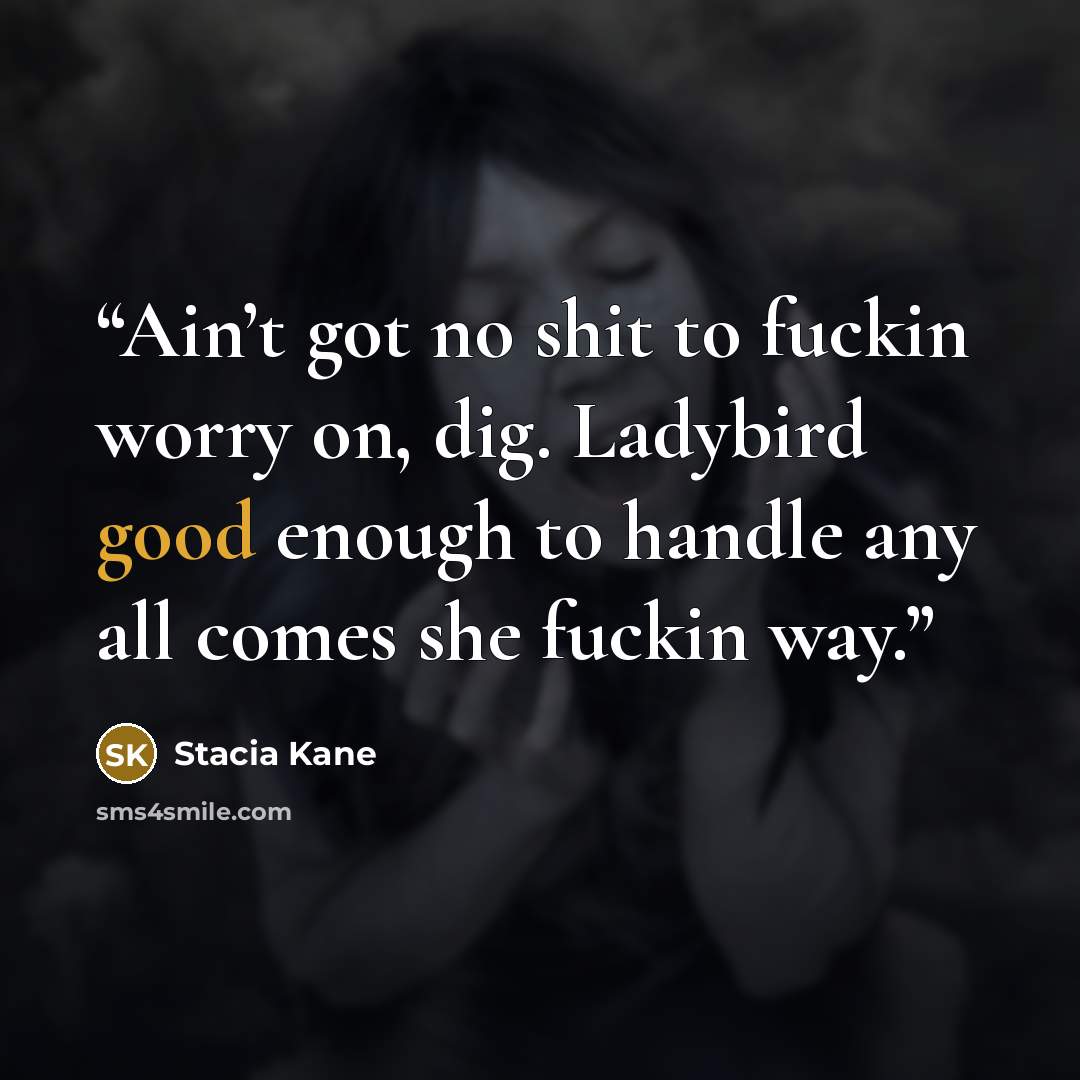 “Ain’t got no shit to fuckin worry on, dig. Ladybird good enough to handle any all comes she fuckin way.” quote by Stacia Kane