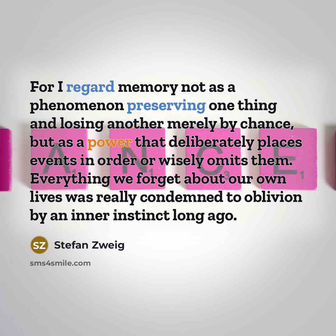 “For I regard memory not as a phenomenon preserving one thing and losing another merely by chance, but as a power that deliberately places events in order or wisely omits them. Everything we forget about our own lives was really condemned to oblivion by an inner instinct long ago.” quote by Stefan Zweig